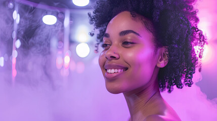 Young Woman Smiling in Steam Room, Relaxation and Wellness, Spa Experience, Happy Female in Sauna, Health and Leisure, Spa Treatment, Relaxing Steam Therapy
