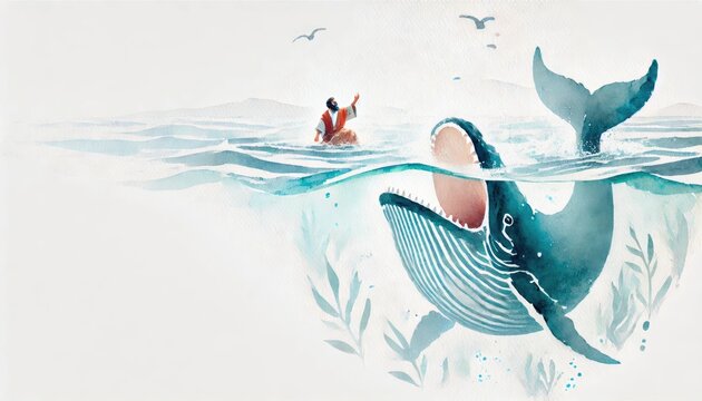 Jonah and the Whale. Digital watercolor illustration.
