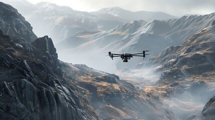 A drone hovering above a rugged mountain terrain, scanning for anomalies