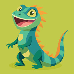 Funny and cute green lizard flat design. Cartoon reptile with open mouth isolated vector illustration. Vector cartoon chameleon. African animal. Funny green female lizzard with open mouth.