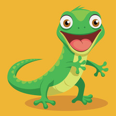 Funny and cute green lizard flat design. Cartoon reptile with open mouth isolated vector illustration. Vector cartoon chameleon. African animal. Funny green female lizzard with open mouth.