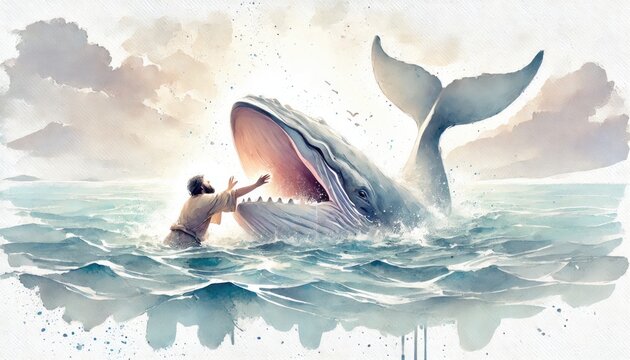 Jonah and the Whale. Digital watercolor illustration.