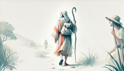 Jacob fleeing from home. Digital watercolor illustration.