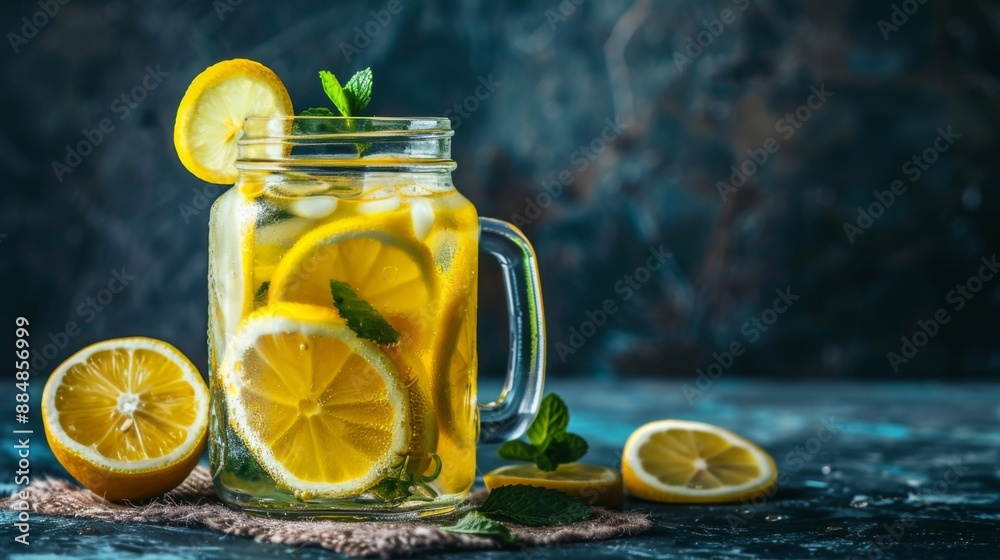 Poster homemade lemonade in a mason jar with lemon slices and mint leaves.