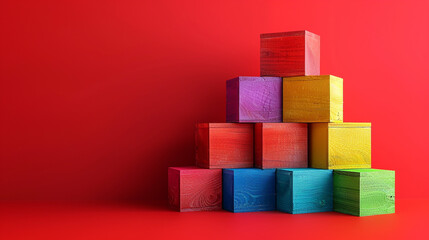 Obraz premium A DIY podium made from modular wooden cubes, painted in rainbow colors, isolated on a bright red background, with ample room for text on the right side.