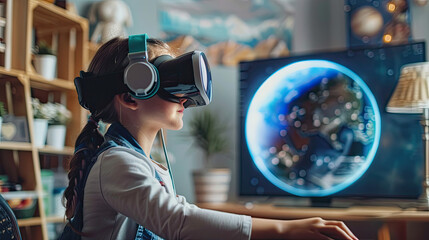 Smart Schoolgirl Studying Astronomy with VR Glasses, Science Simulation, Virtual Reality Learning, Innovative Education, Student Exploring Space, Technology in Education, Interactive Learning