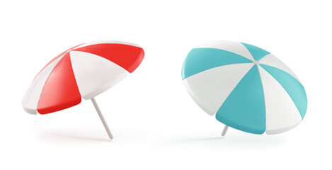 3d summer beach umbrella in blue and red icon. Realistic outdoor sunshade for resort pool or garden. Tropical summertime and striped travel accessories for sun protection isolated render object