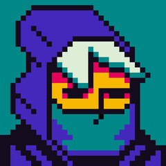 Pixel art male character 8-bit,  man, 80-s, avatar, guy face in hoodie, cartoon vector icon, game user, web profile persons, people, social net portrait,  minimalistic style.