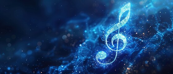 An abstract digital 3d clef with stars on blue background This poster art is about Digital music Orchestral entertainment Modern technology Music 
