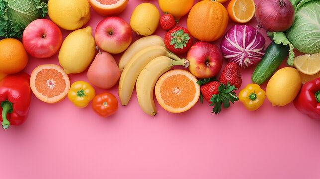 A vibrant set of toy fruits and vegetables on a light pink backdrop, with ample space for text on the right.