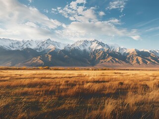 Fototapeta premium Photo of Tashkent, edges of the valley in front of mountains with snow on top, sunny day, grassland, wide angle shot, landscape photography, golden hour lighting, raw style, ultra realistic photo in t