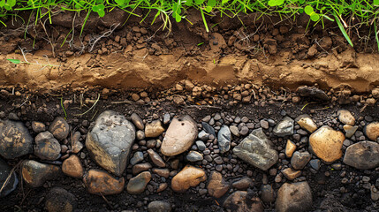 Section of Soil with Underground Water, Layers of Earth and Rocks, Geological Cross-Section, Soil Composition, Earth Science Illustration, Subsurface Layers, Groundwater, Natural Strata, Environmental