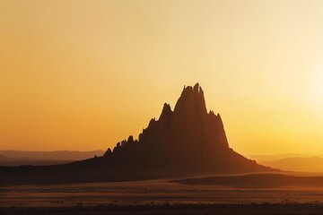 ship rock in new mexico at sunrise, silhouette of the mountain against clear sky, flat desert landscape, warm tones, golden hour lighting, high resolution photography