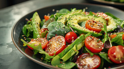 A vibrant salad with mixed greens, avocado slices, cherry tomatoes, and a sprinkle of seeds, placed on a clean, modern kitchen counter.