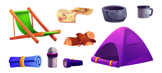 Camp tent and equipment element set for adventure illustration. Summer survival travel or picnic accessories collection. Mountain tourism and leisure kit isolated. Outing mountaineering concept