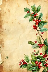 watercolor clipart of Holly branches with berries on parchment paper, vintage scrapbook page, copy space in center, vintage art, for Junk Journal, Digital Paper, Printable Journaling 