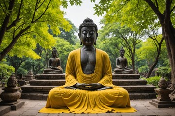 View to ancient Buddha statue covered with yellow cloth