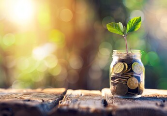 Fototapeta premium Glass Jar Filled with Coins and Sprouting Plant on Wooden Table Against Blurred Nature Scene, Symbolizing Financial Growth and Environmental Change with Warm Sunlight Glow