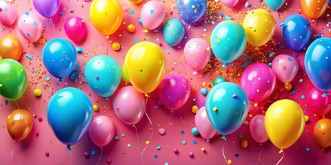 Vibrant colorful balloons in shades of pink, blue, and yellow, surrounded by scattered confetti, create a festive and joyful birthday background for celebrations.