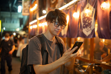 スマートフォンで店を探す男性