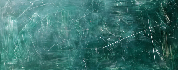 A clean, empty green chalkboard with visible chalk smudges and scratches, providing ample space for writing