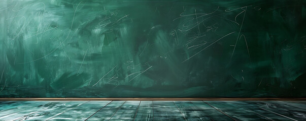 A clean, empty green chalkboard with visible chalk smudges and scratches, providing ample space for writing