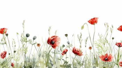 Fototapeta premium Watercolor tall grass and red poppys on a white background