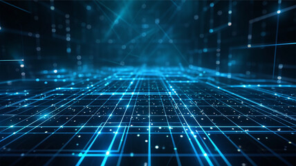 Naklejka premium Realms abstraction. Dark blue neon grid background. Blue glowing lines. Futuristic digital background with lights.