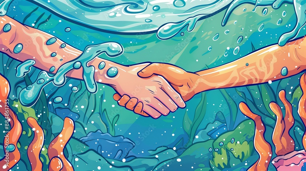 Poster a cartoon style illustration depicting a handshake where both hands are creatively made of water spl