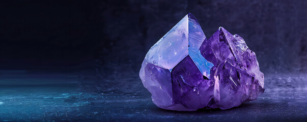 A stunning purple amethyst crystal standing tall against a dark, textured background with copy space for text.