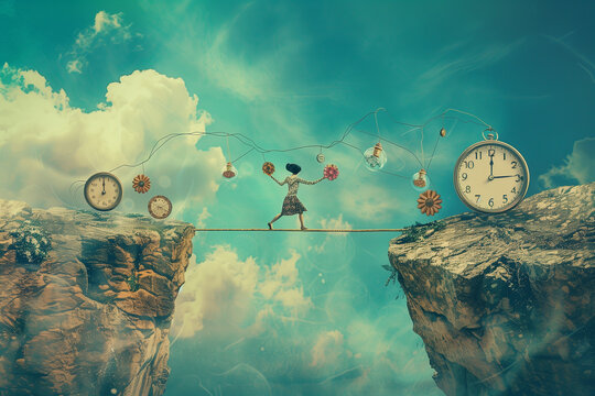 Balancing Time and Life: Create an image of a person balancing on a tightrope stretched between two cliffs. In one hand, they hold a clock, and in the other, various life elements like family