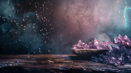 A wooden table with purple crystals on it. The table is surrounded by smoke, giving the impression of a mystical or spiritual setting