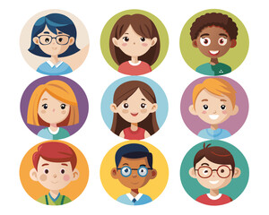 set of boy and girl faces, round avatar design of teenage