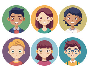 set of boy and girl faces, round avatar design of teenage
