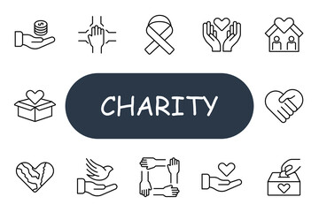Charity set icon. Donation, ribbon, hands, house, box, heart, handshake, dove, teamwork, volunteer, coin, support, aid, giving, love, help, unity, care, fundraising.