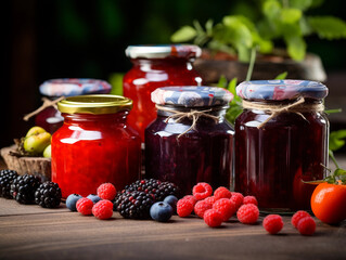 Glass jars with different kinds of jam and berries