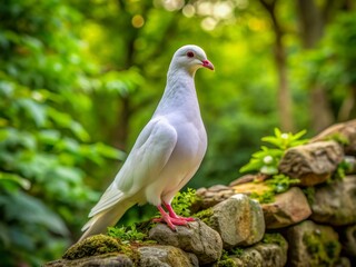 Fototapeta premium A serene white pigeon perches on a rustic stone wall, surrounded by lush greenery, with a gentle gaze, embodying tranquility and peace.