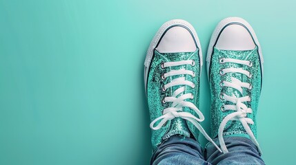 Sparkly green sneakers on a teal background