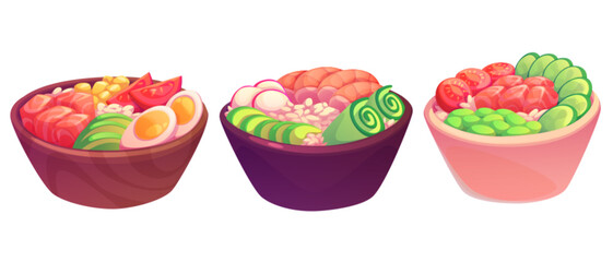 Poke bowl with rice and shrimps, salmon or tuna fish, avocado and cucumber, tomato and corn. Cartoon vector illustration set of traditional oriental meal with seafood and vegetables. Asian dish.