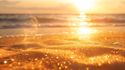 A beach with a beautiful sunset in the background. The sand is covered in glitter, giving it a sparkling appearance. The scene is serene and peaceful, with the sun setting over the ocean