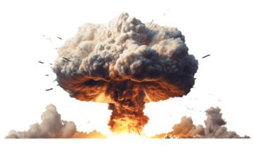 Massive nuclear explosion with intense mushroom cloud, high-resolution PNG with transparent background for dramatic visual effects and scientific illustrations