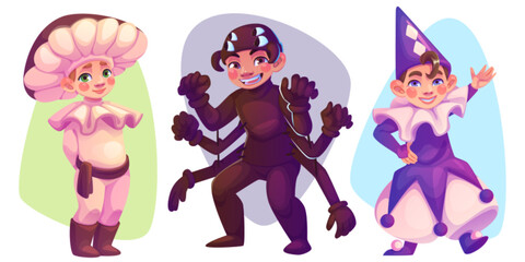 Cute little kids in carnival costumes. Cartoon vector illustration set of happy smiling children in masquerade suit of mushroom, spider and jester. Funny kindergarten cosplay theater characters.