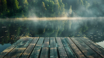 A foggy lake with a wooden dock. The water is calm and the sky is overcast