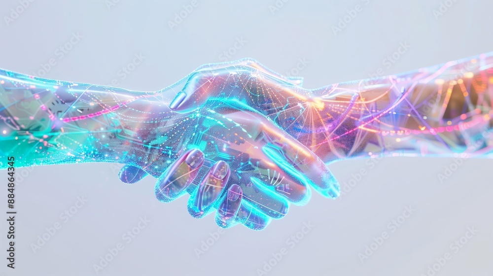 Poster A futuristic holographic handshake, where two hands made of shimmering light and digital patterns meet in the center of the image. The holographic effect includes glowing lines,