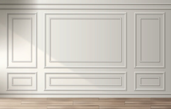 Room interior with white classic wall panel and wooden floor. Light background with luxury elegant molding frames. Realistic 3d vector illustration of home or office design with moulding and parquet