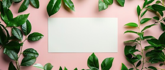 Naklejka premium blank paper mock up with leaves on pastel background 