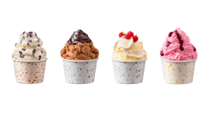 Assorted flavor ice cream scoop in white paper cup mockup template on transparent background, perfect for artwork and design projects, isolated PNG file