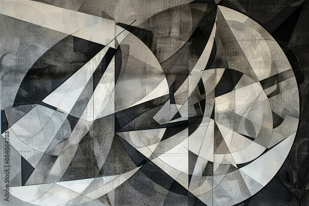 Wall mural abstract art featuring intersecting lines and shapes in a monochrome palette