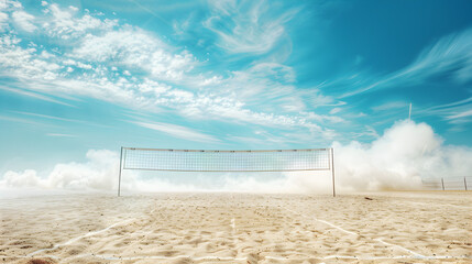 A volleyball net is in the middle of a sandy beach. The sky is blue with a few clouds