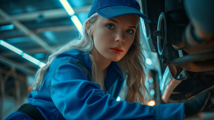 Female mechanic in blue jumpsuit working on a car in garage.
